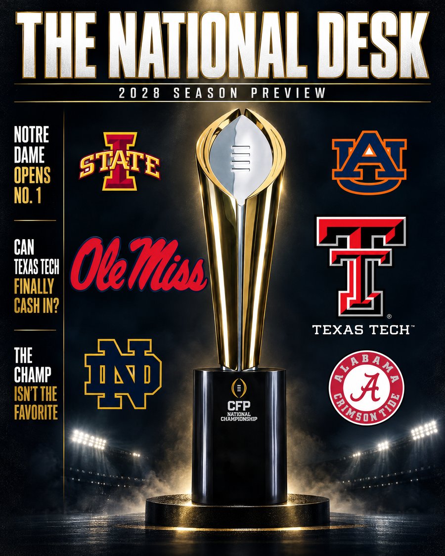 The National Desk 2028 Season Preview magazine cover, featuring the CFP National Championship trophy and the logos of Iowa State, Ole Miss, Notre Dame, Auburn, Texas Tech, and Alabama