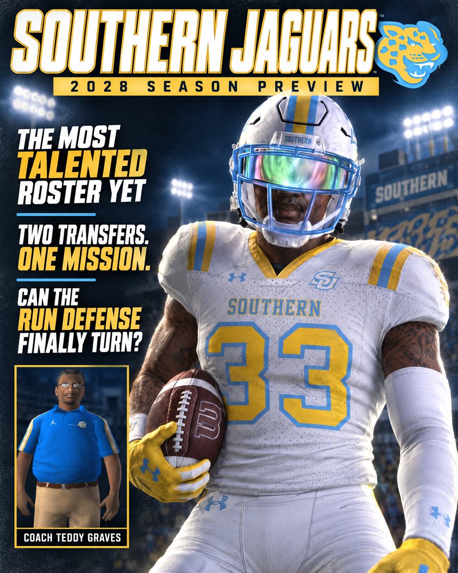 Southern Jaguars 2028 Season Preview magazine cover, featuring Jordan Molinich and Coach Teddy Graves